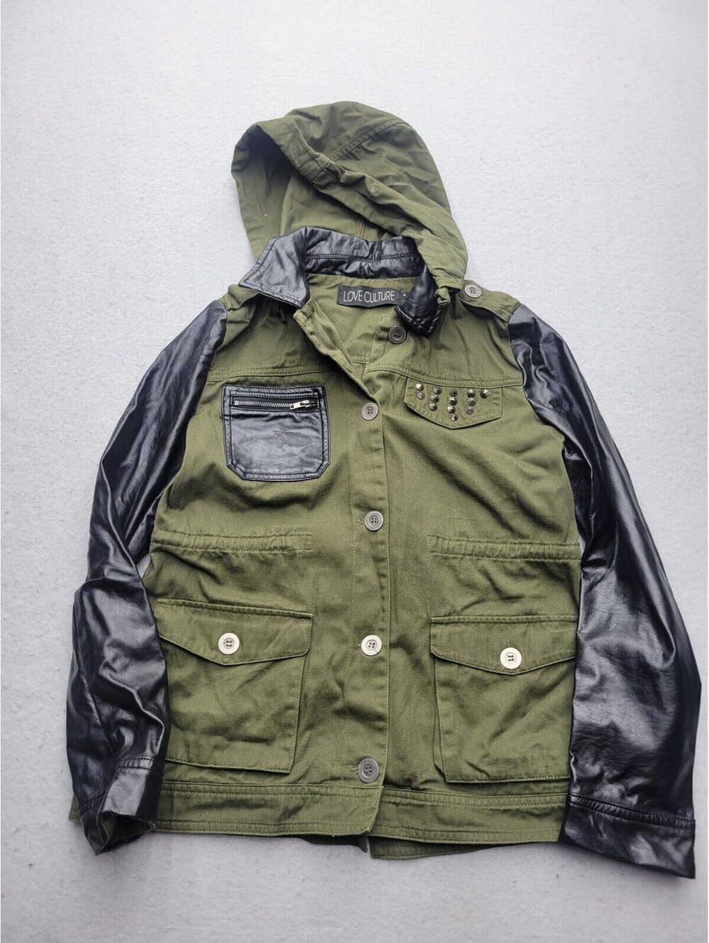 Love Culture Women's Jacket Small Green Black Military Short Long Hood